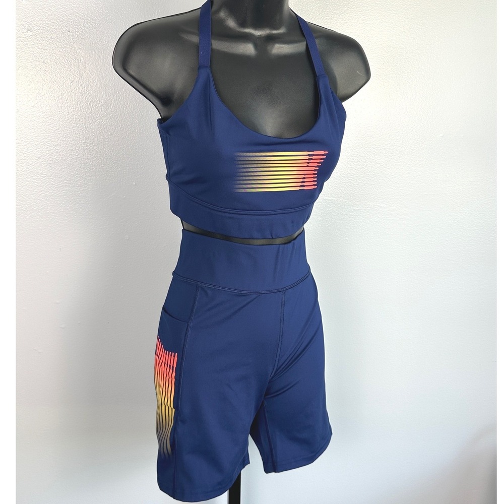 Savage X Fenty Activewear Set Bra High Waist Biker Shorts XL Navy Ombre Stripe